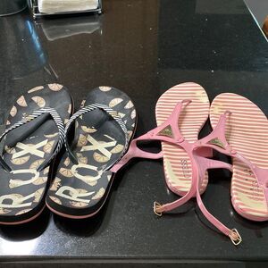 2 pairs of sandals, guess pink sandals and one pair of Roxy flip-flops